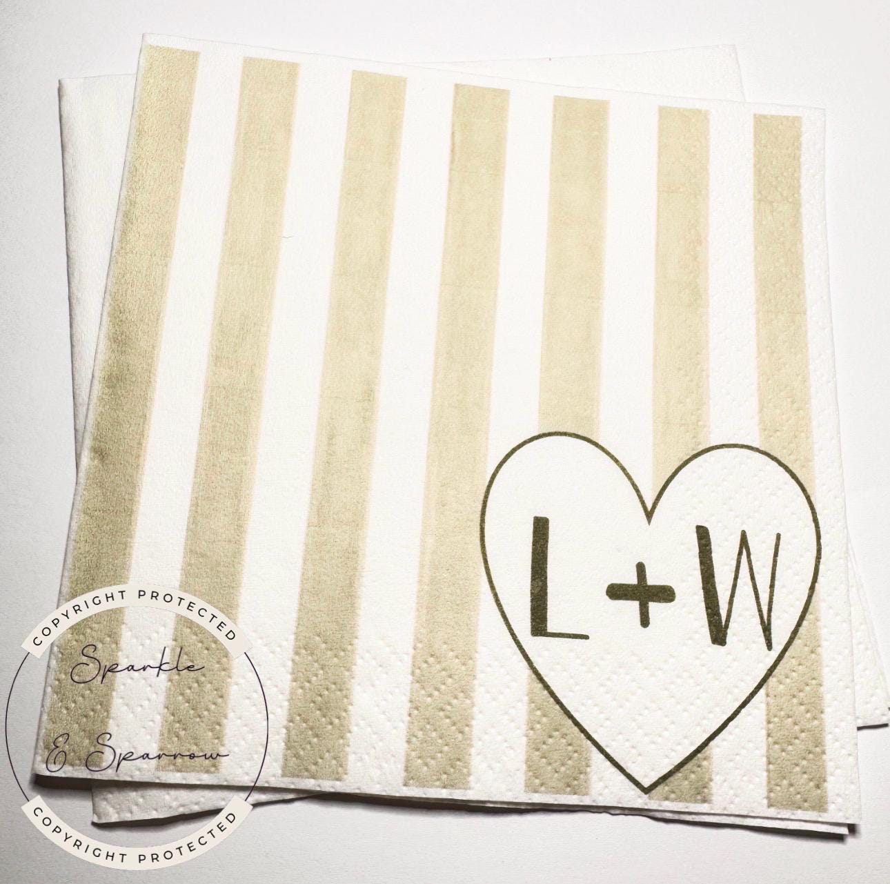 Heart Initials Wedding Bridal Shower Green Fall Bridal Shower Green Wedding Personalized Cocktail, Luncheon or Dinner Napkins Set of 25