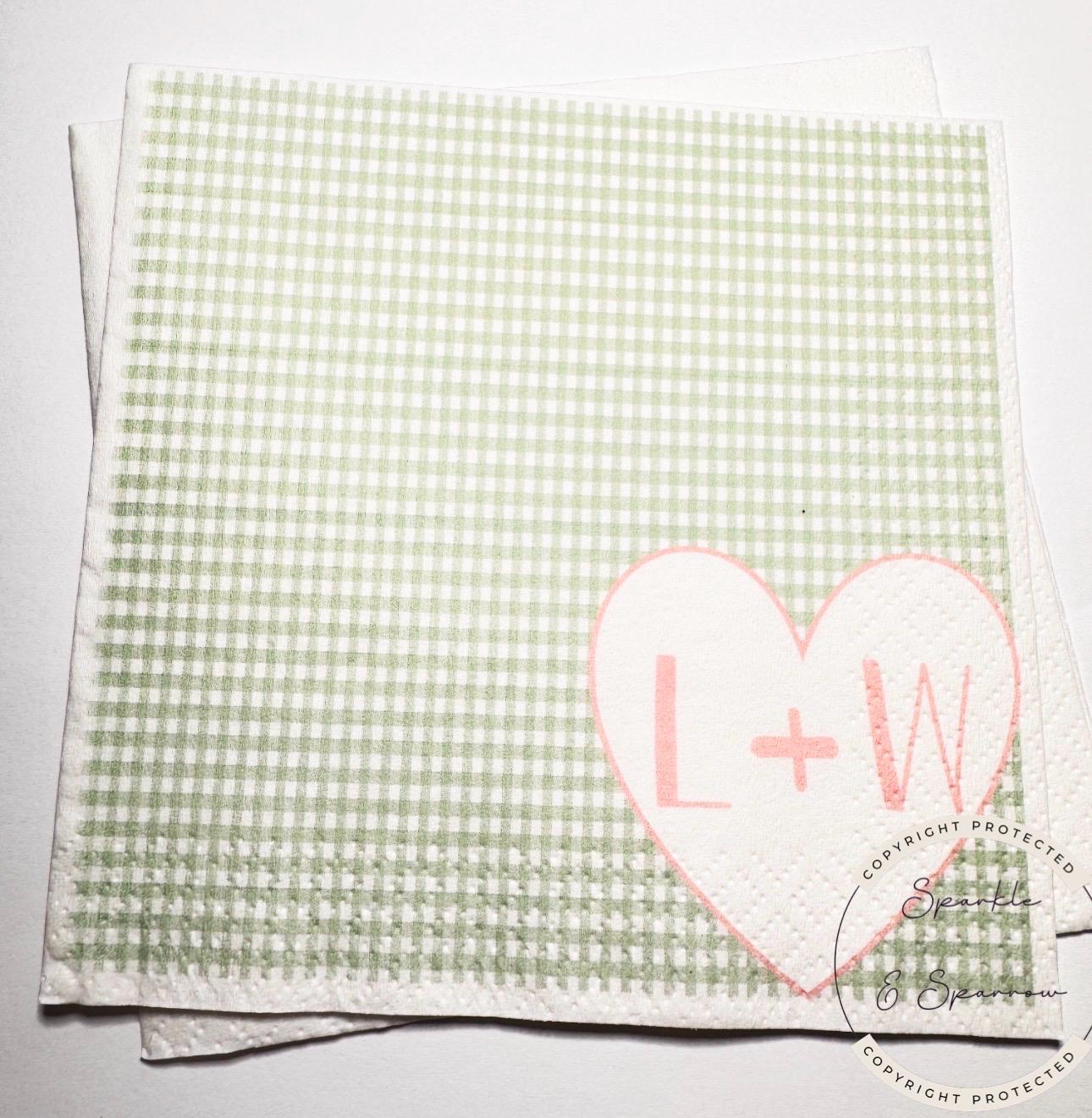 Heart Initials Wedding Bridal Shower Pink Green Fall Bridal Shower Green Wedding Personalized Cocktail, Luncheon or Dinner Napkins Set of 25