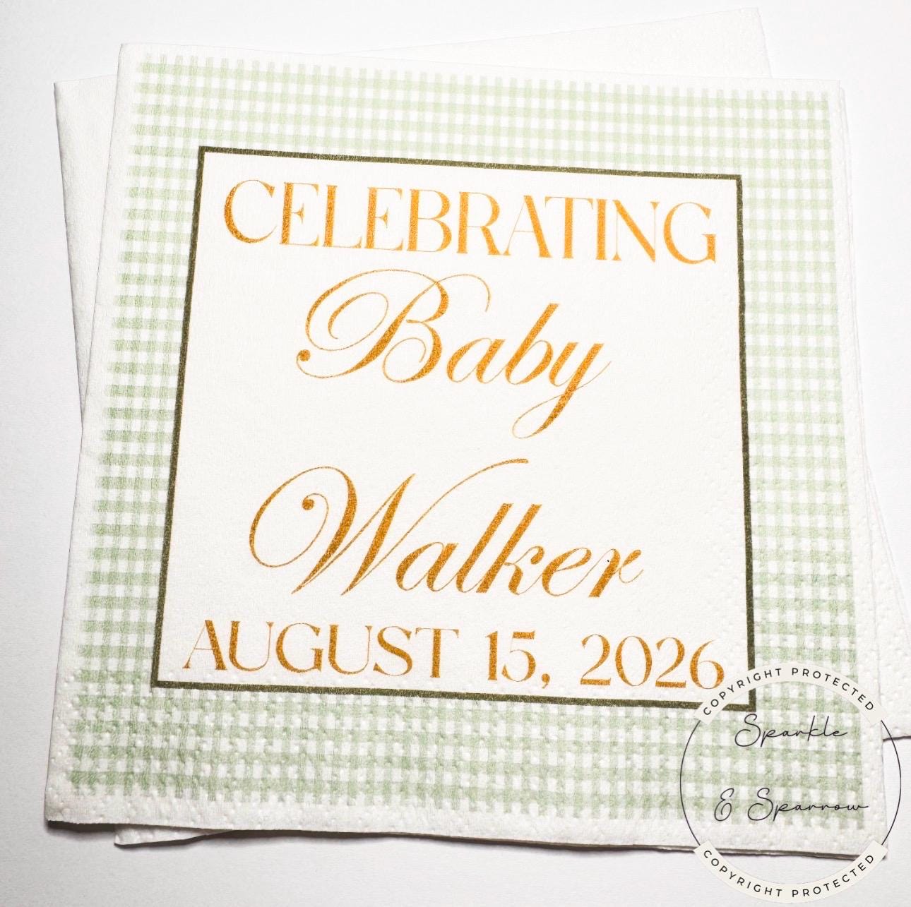 Green and Gold Gingham Baby Shower  Green Gold Preppy Neutral Baby Shower Personalized Cocktail, Luncheon or Dinner Napkins Set of 25