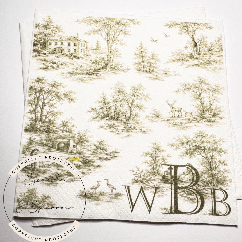 Green Toile Baby Shower Green Fall Neutral Baby Shower Fall Sage Green Personalized Cocktail, Luncheon or Dinner Napkins Set of 25