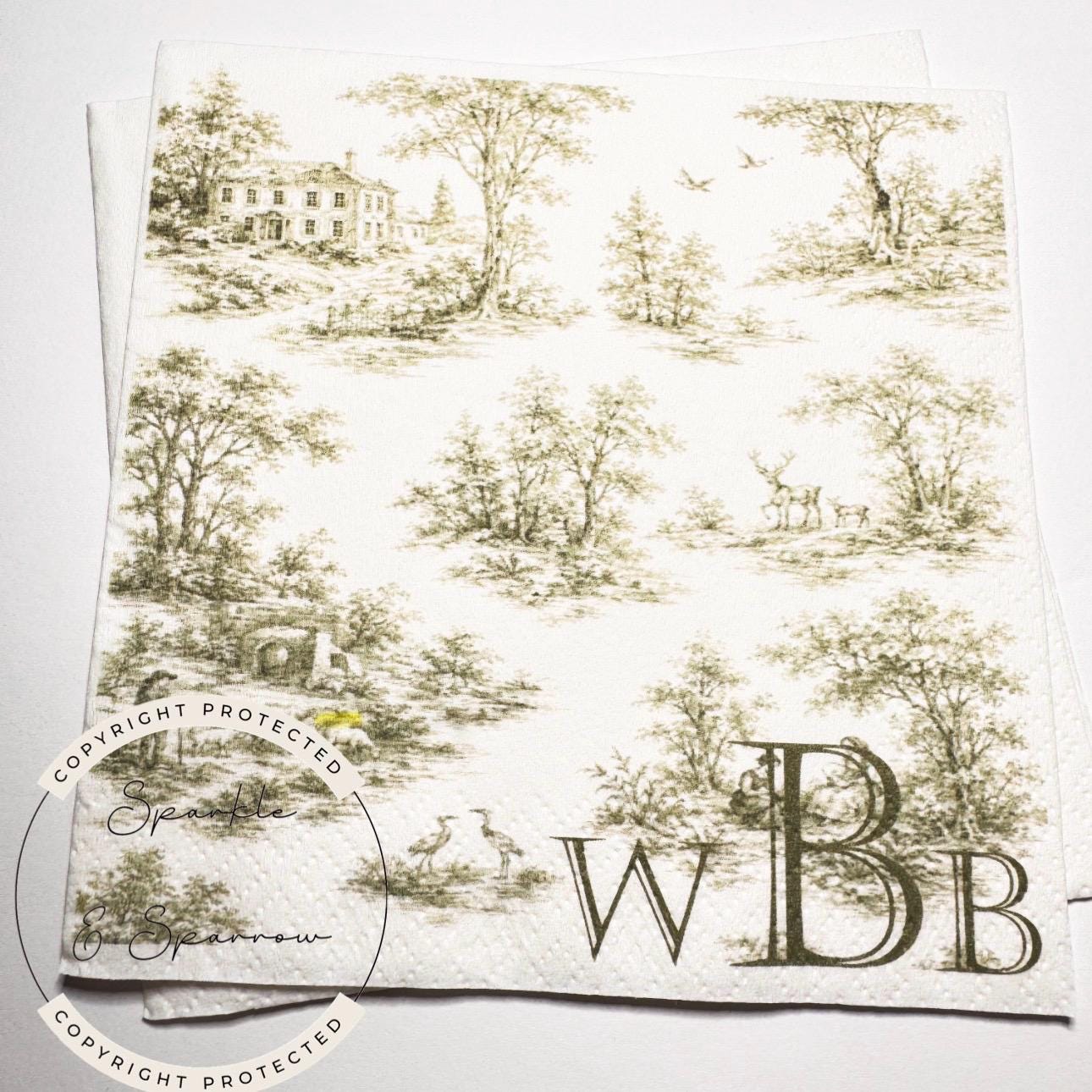 Green Toile Baby Shower Green Fall Neutral Baby Shower Fall Sage Green Personalized Cocktail, Luncheon or Dinner Napkins Set of 25