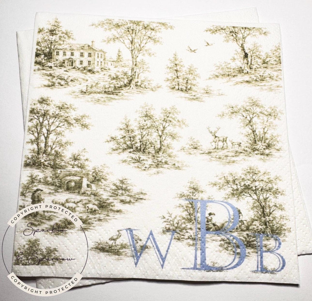 Green Toile Baby Shower Green Fall Neutral Baby Shower Fall Sage Green Personalized Cocktail, Luncheon or Dinner Napkins Set of 25
