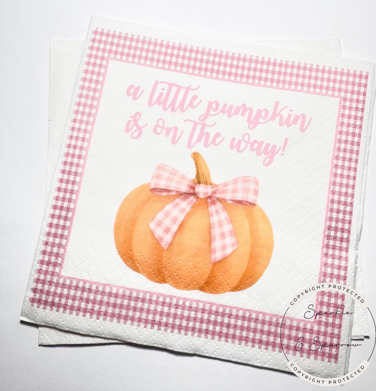 A Little Pumpkin is on the Way Pink Bow Pumpkin Pink Gingham Girl Fall Baby Shower Pumpkin Cocktail, Luncheon or Dinner Napkins Set of 25