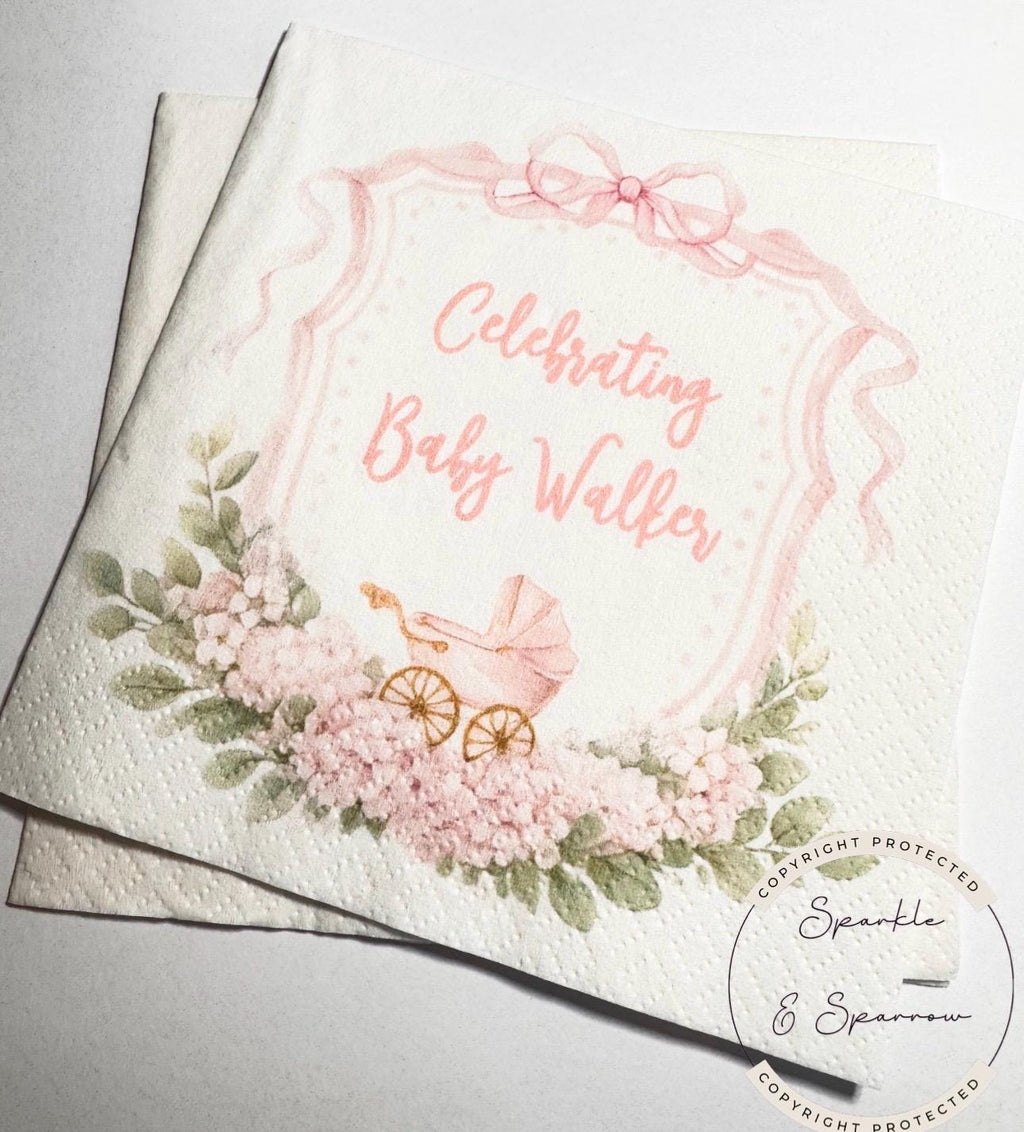 Girl Baby Shower Pink Baby Carriage Pink Bow Baby Shower Pink Custom Baby Shower Personalized Cocktail, Luncheon or Dinner Napkins Set of 25