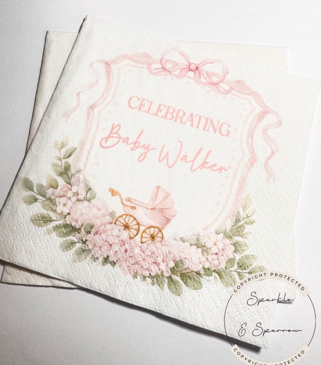 Girl Baby Shower Pink Baby Carriage Pink Bow Baby Shower Pink Custom Baby Shower Personalized Cocktail, Luncheon or Dinner Napkins Set of 25