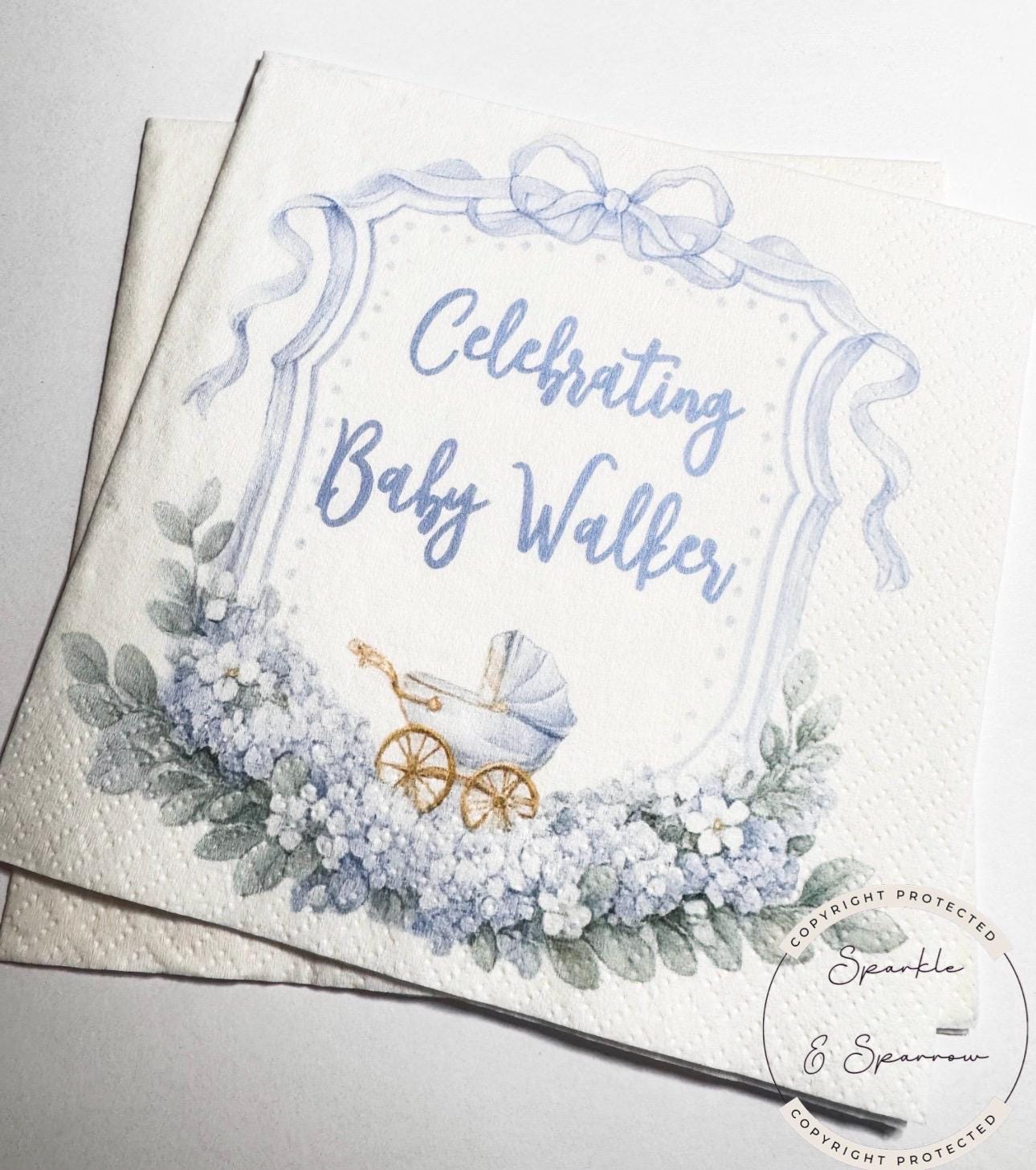 Boy Baby Shower Blue Baby Carriage Blue Bow Baby Shower Blue Custom Baby Shower Personalized Cocktail, Luncheon or Dinner Napkins Set of 25
