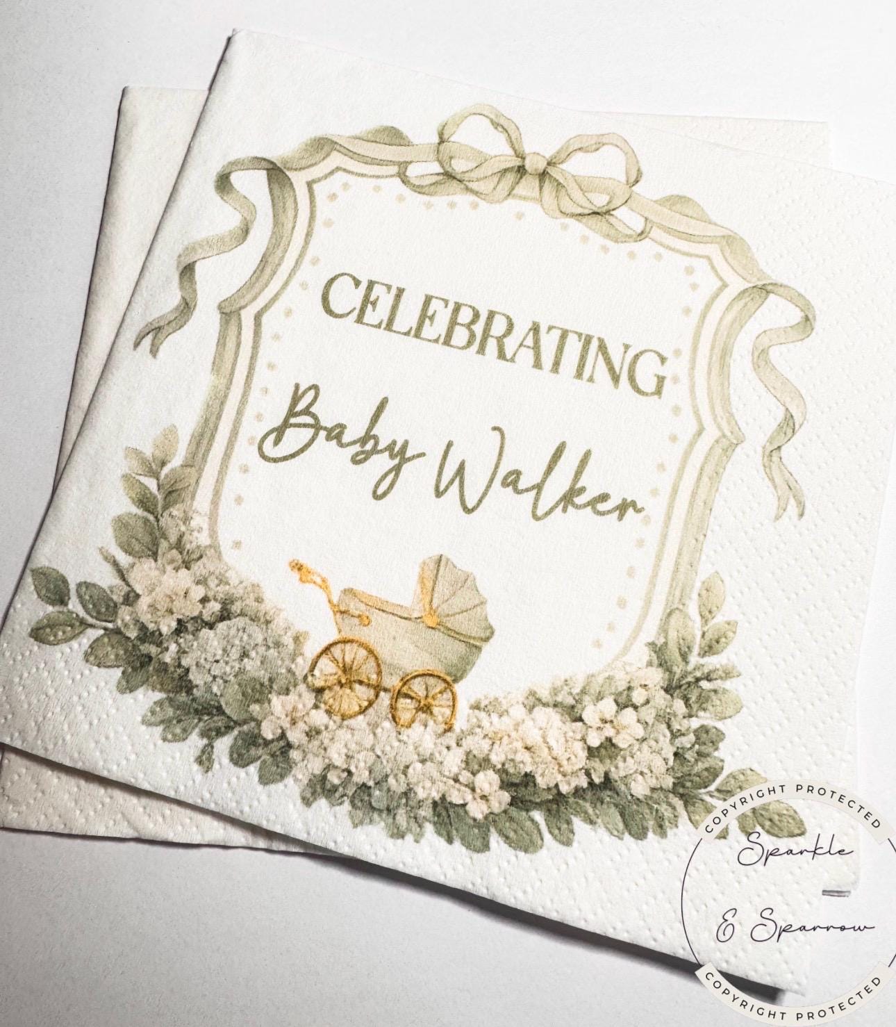 Green Baby Shower Green Baby Carriage Green Bow Gender Neutral Baby Shower Personalized Cocktail, Luncheon or Dinner Napkins Set of 25