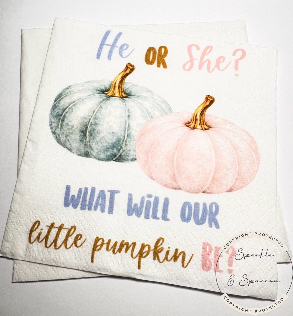Fall Pumpkin Gender Reveal He or She What Will Little Pumpkin Blue Pink White Pumpkin Baby Shower Cocktail or Luncheon Napkins, Set of 25