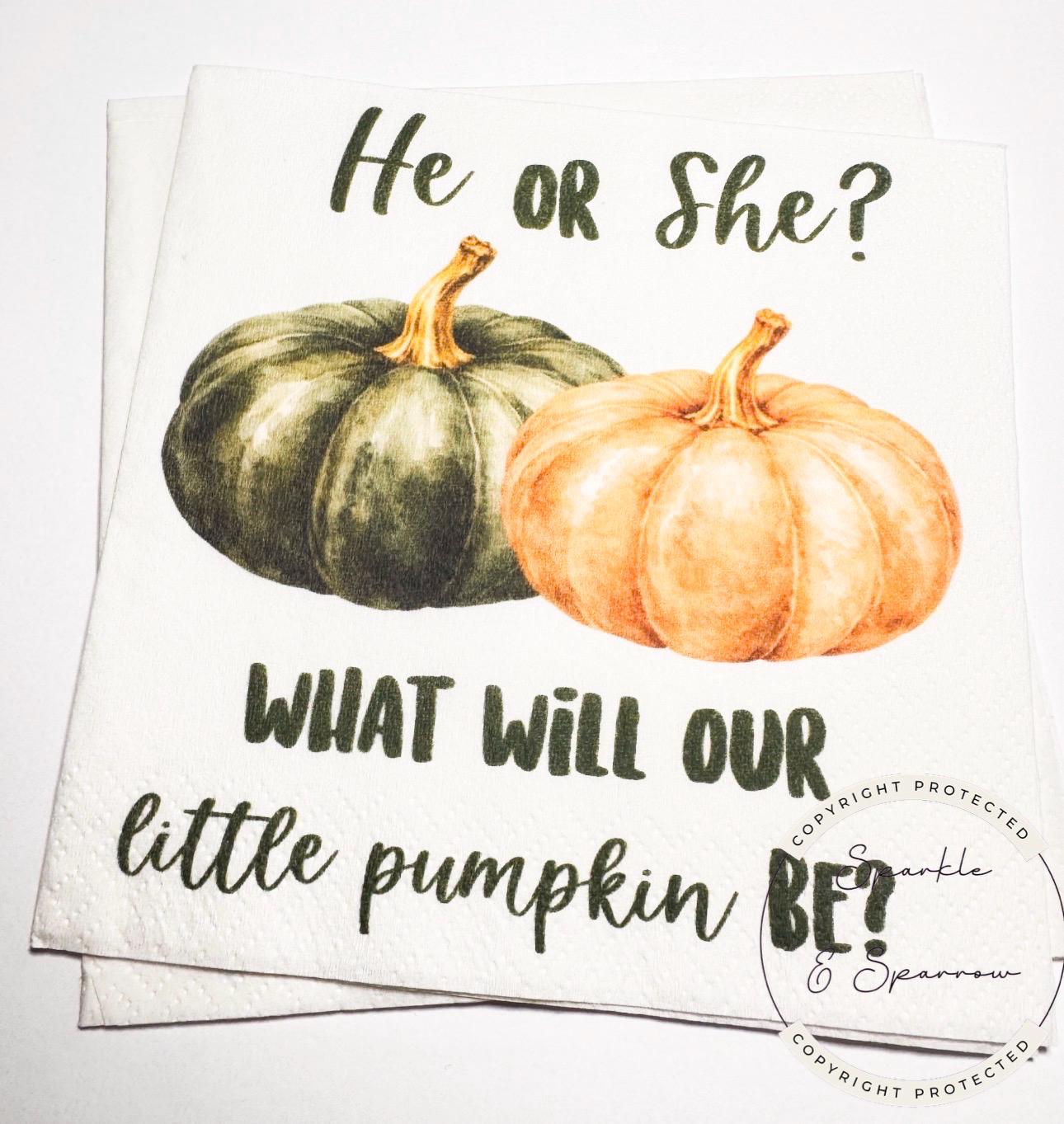 Fall Pumpkin Gender Reveal He or She What Will Little Pumpkin Green Orange Pumpkin Baby Shower Cocktail or Luncheon Napkins, Set of 25