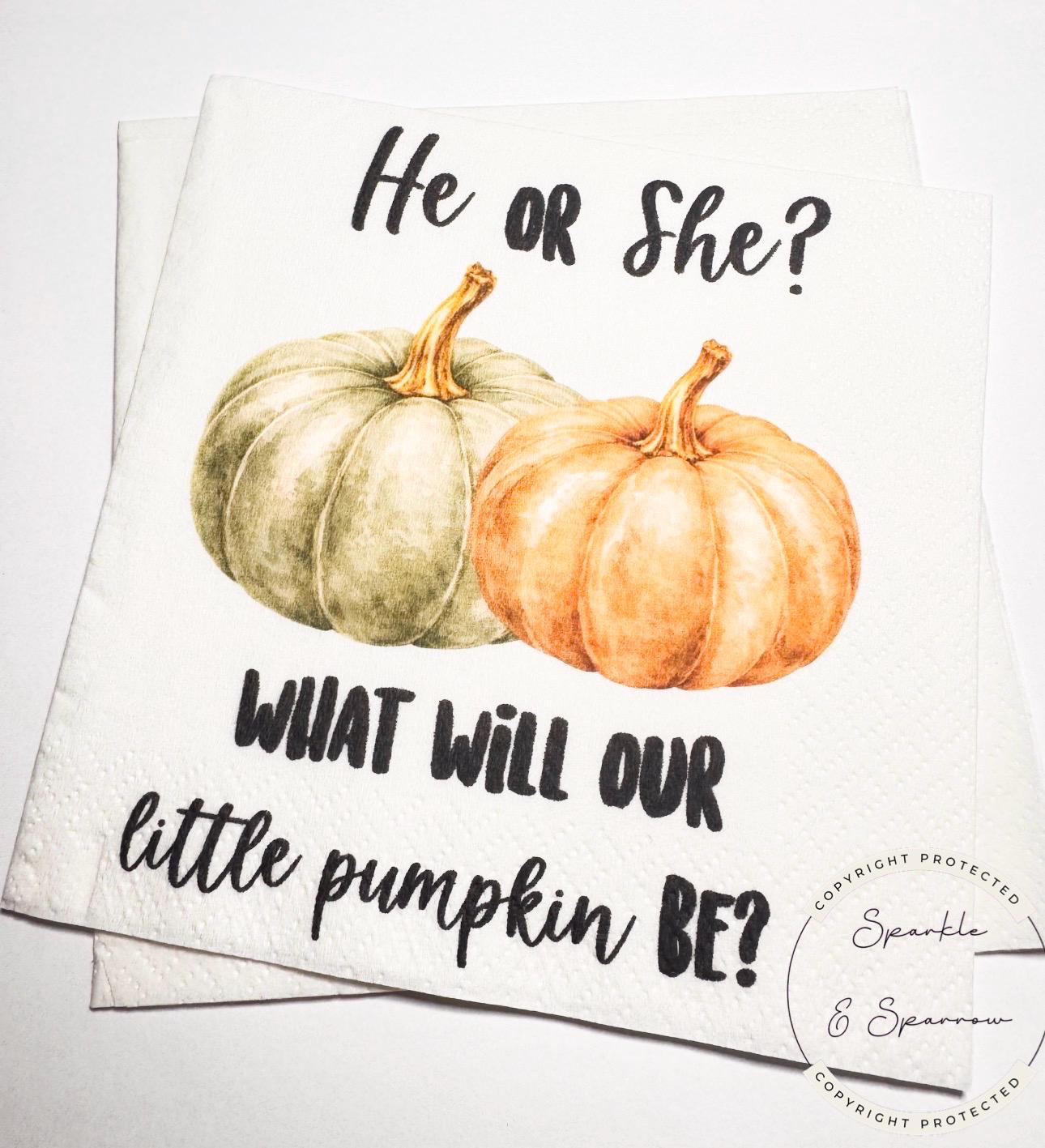Fall Pumpkin Gender Reveal He or She What Will Little Pumpkin Green Orange Pumpkin Baby Shower Cocktail or Luncheon Napkins, Set of 25