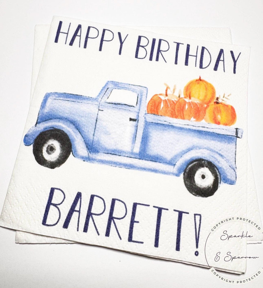 Blue Truck Pumpkin Birthday Napkins Pumpkin First Birthday Fall Boy Birthday Party Blue Truck Birthday Personalized Napkins, Set of 25