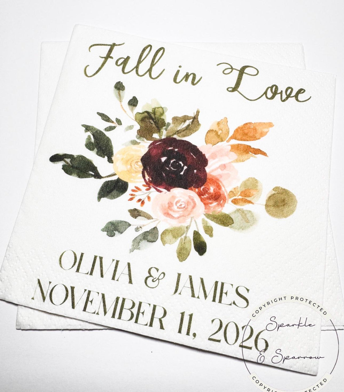 Fall in Love Fall Bridal Shower Fall Wedding Autumn Floral Neutral Fall Bridal Personalized Cocktail, Luncheon or Dinner Napkins Set of 25