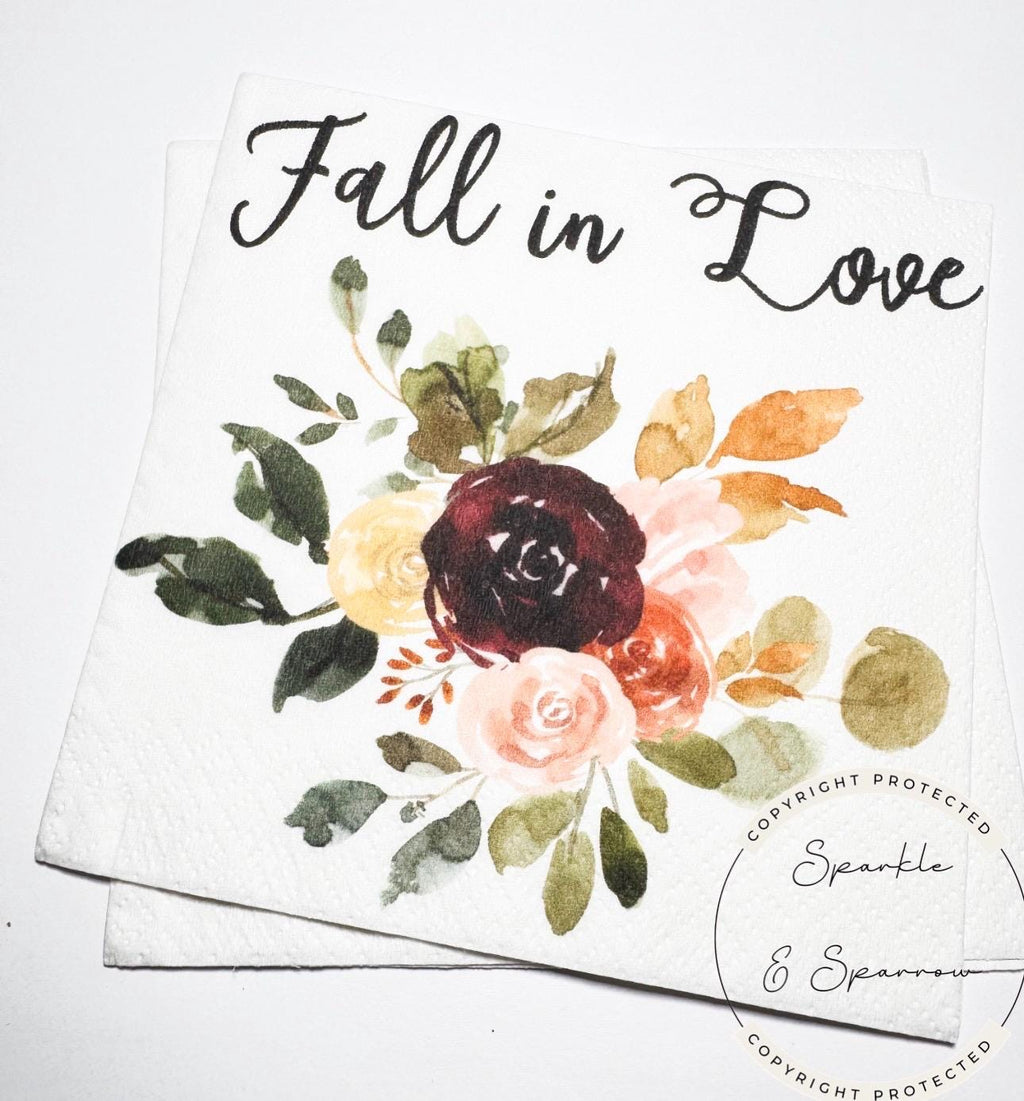 Fall in Love Fall Bridal Shower Fall Wedding Fall Baby Shower Autumn Floral Custom Cocktail, Luncheon or Dinner Napkins Set of 25