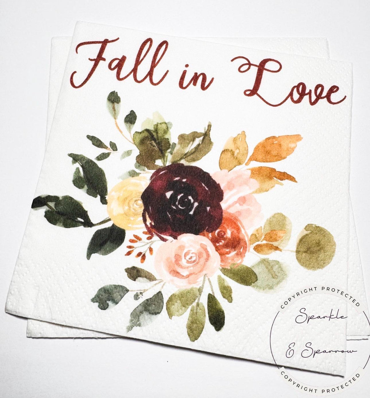 Fall in Love Fall Bridal Shower Fall Wedding Fall Baby Shower Autumn Floral Custom Cocktail, Luncheon or Dinner Napkins Set of 25
