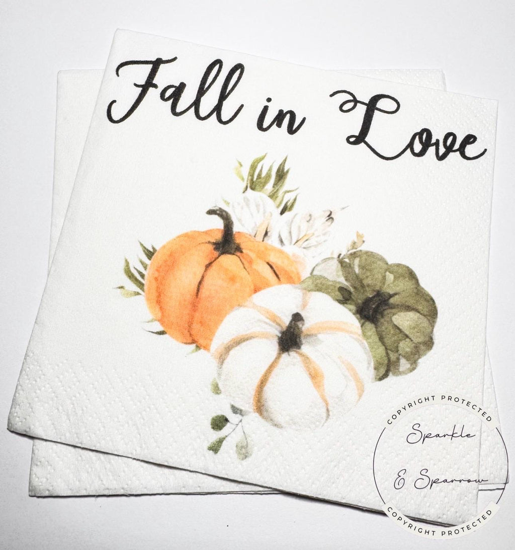Fall in Love Fall Bridal Shower Fall Wedding Fall Baby Shower Autumn Floral Custom Cocktail, Luncheon or Dinner Napkins Set of 25