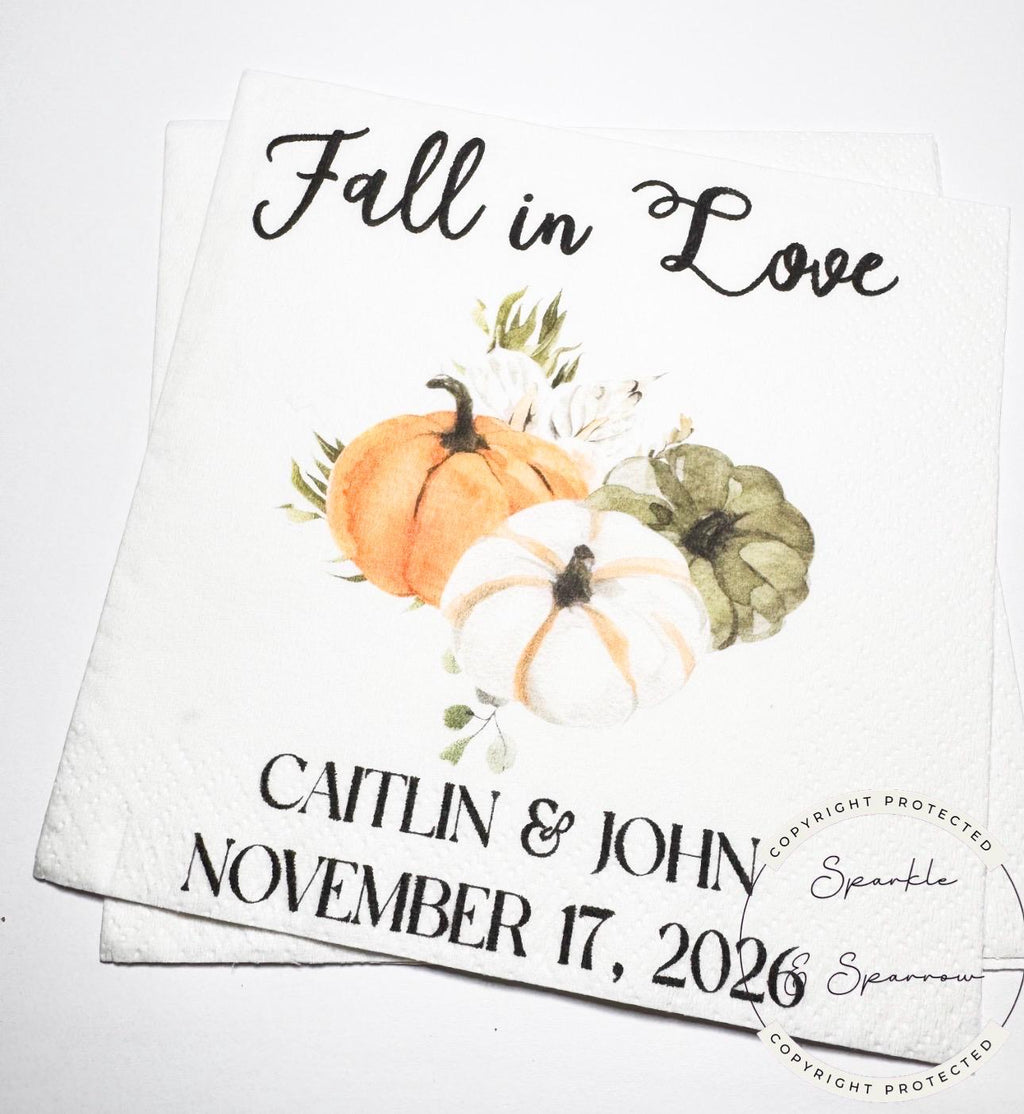 Fall in Love Fall Bridal Shower Fall Wedding Autumn Floral Neutral Fall Bridal Personalized Cocktail, Luncheon or Dinner Napkins Set of 25