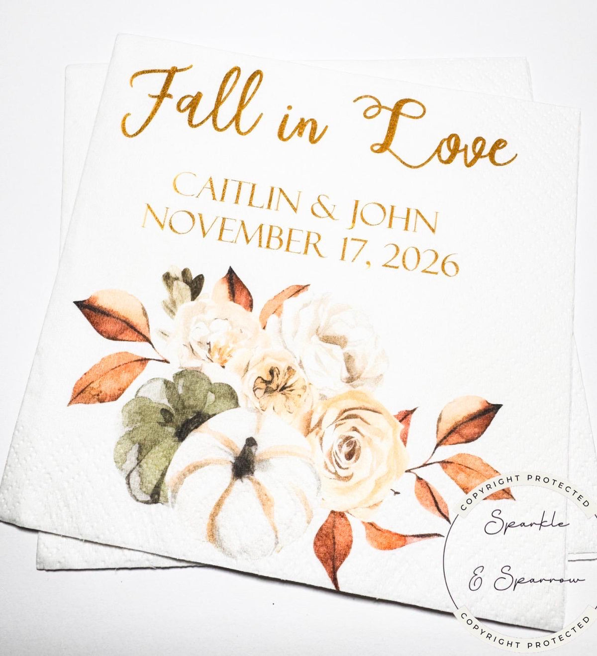 Fall in Love Fall Bridal Shower Fall Wedding Autumn Floral Neutral Fall Bridal Personalized Cocktail, Luncheon or Dinner Napkins Set of 25