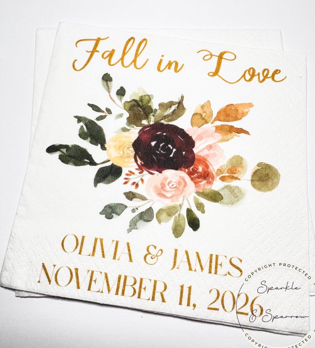 Fall in Love Fall Bridal Shower Fall Wedding Autumn Floral Neutral Fall Bridal Personalized Cocktail, Luncheon or Dinner Napkins Set of 25