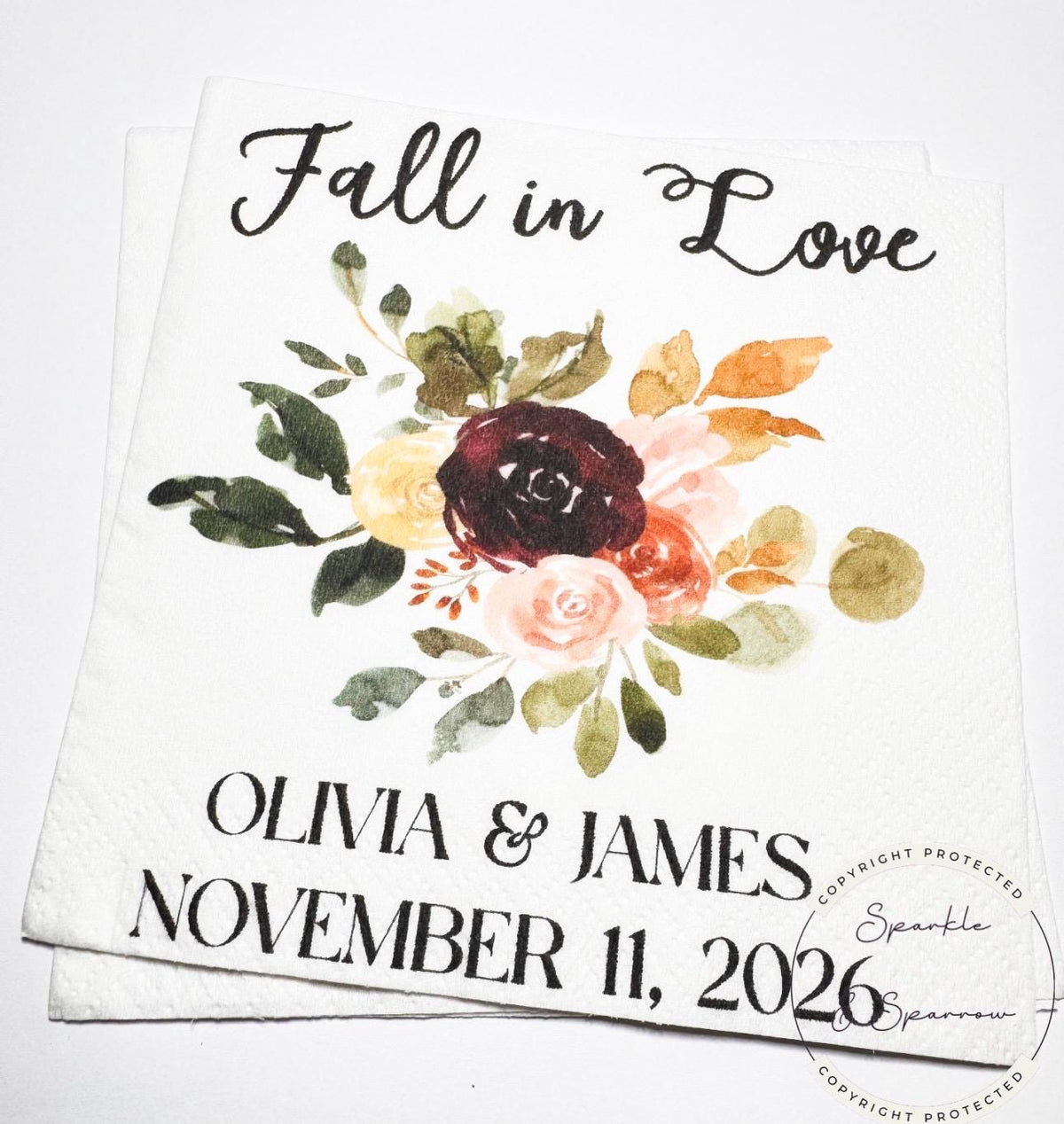 Fall in Love Fall Bridal Shower Fall Wedding Autumn Floral Neutral Fall Bridal Personalized Cocktail, Luncheon or Dinner Napkins Set of 25