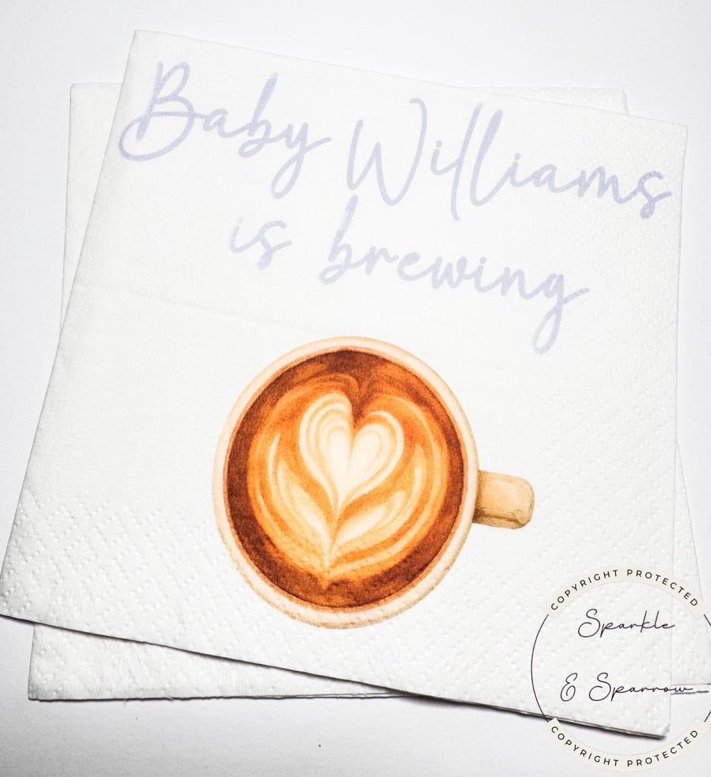 A Baby is Brewing Baby Shower Napkins Coffee Bar Baby Brunch Fall Baby Shower Blue Baby Shower Personalized Cocktail Napkins, Set of 25