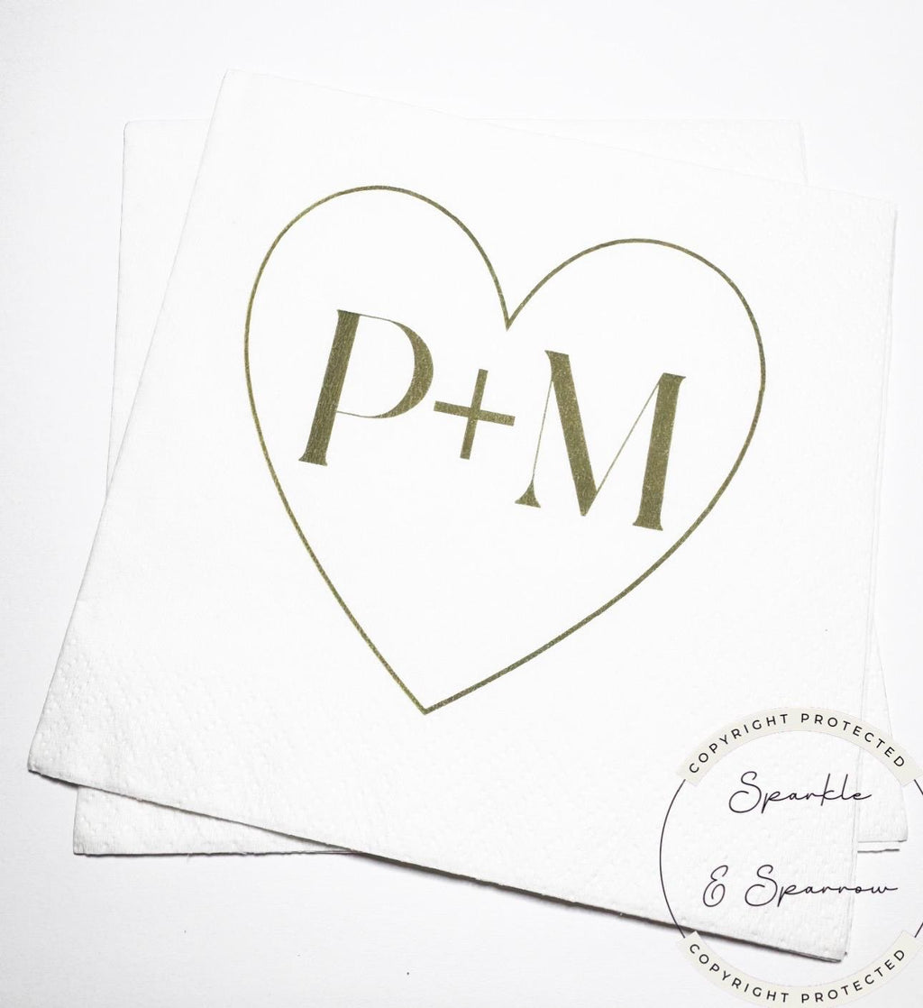 Heart Initials Wedding Napkin Bridal Shower Sage Bridal Shower Green Wedding Personalized Cocktail, Luncheon or Dinner Napkins Set of 25