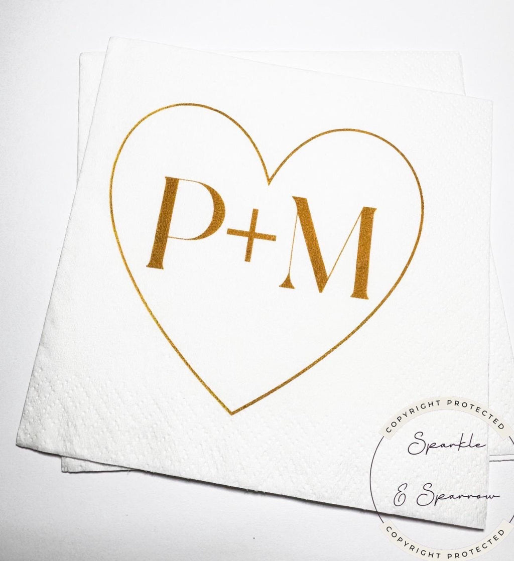 Heart Initials Wedding Napkin Bridal Shower Gold Bridal Shower Gold Wedding Personalized Cocktail, Luncheon or Dinner Napkins Set of 25