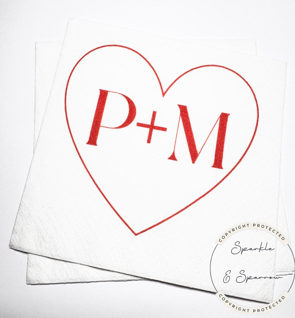 Heart Initials Wedding Napkin Bridal Shower Red Bridal Shower Red Wedding Personalized Cocktail, Luncheon or Dinner Napkins Set of 25