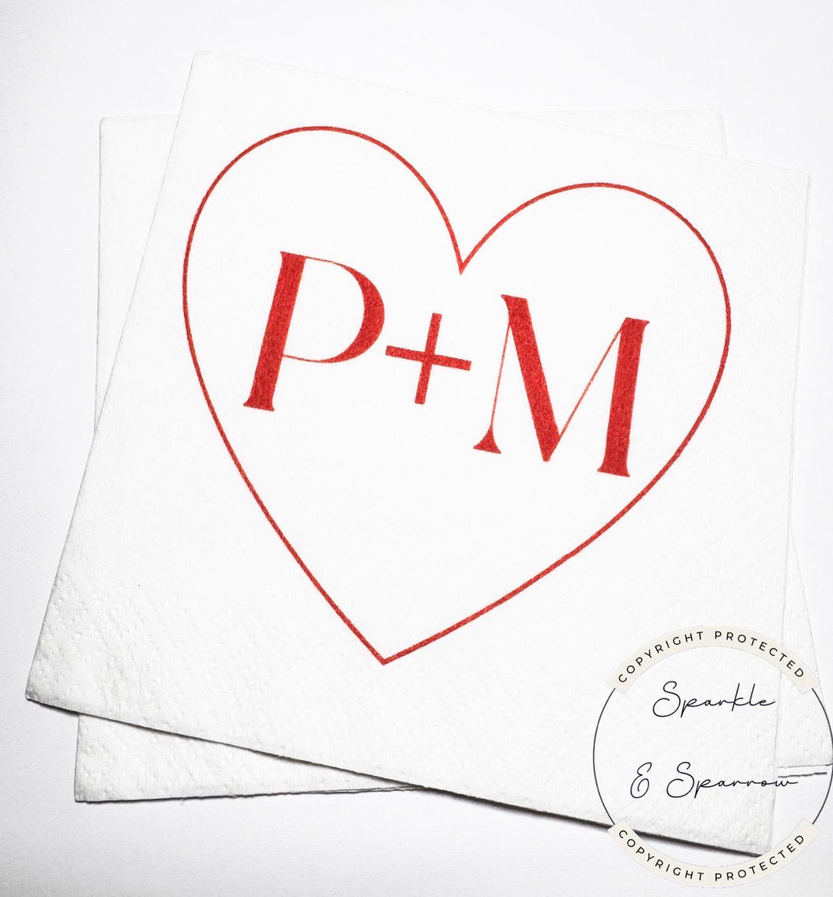 Heart Initials Wedding Napkin Bridal Shower Red Bridal Shower Red Wedding Personalized Cocktail, Luncheon or Dinner Napkins Set of 25