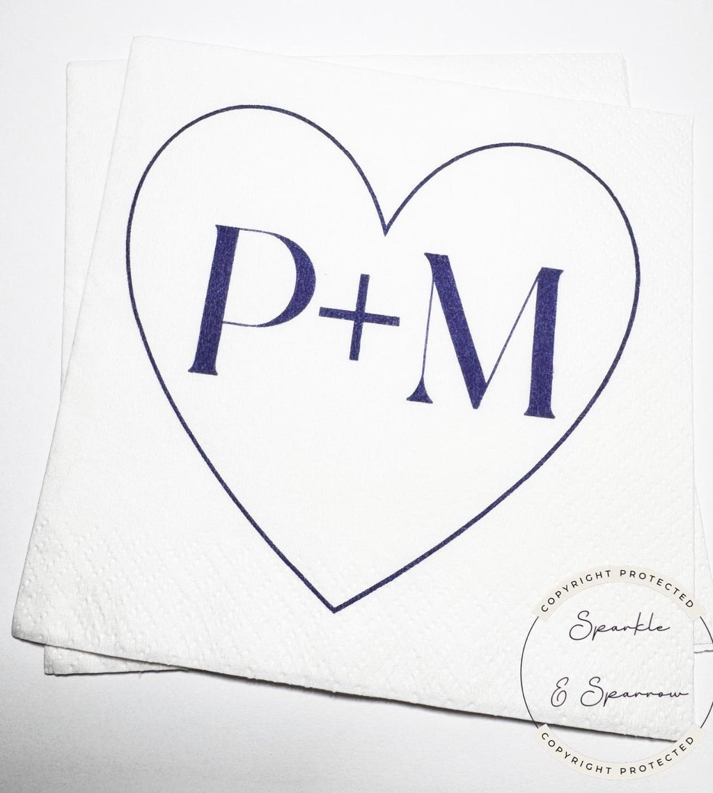 Personalized Wedding Napkins Custom Initial Napkins Navy Heart Engagement Party Napkins Couple Monogram Bridal Shower Napkins Set of 25