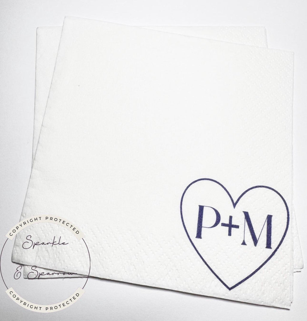 Personalized Wedding Napkins Custom Initial Napkins Navy Heart Engagement Party Napkins Couple Monogram Bridal Shower Napkins Set of 25