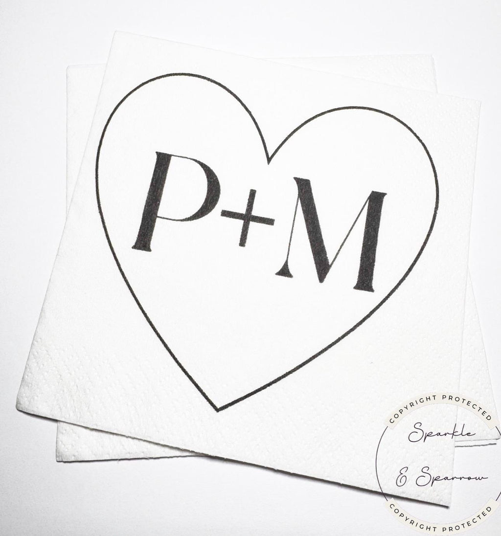 Personalized Wedding Napkins Custom Initial Napkins Black Heart Engagement Party Napkins Couple Monogram Bridal Shower Napkins Set of 25