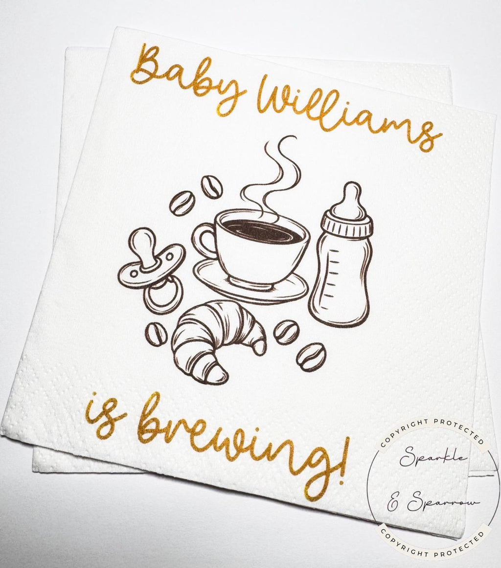 A Baby is Brewing Baby Shower Napkins Coffee Bar Baby Brunch Fall Baby Shower Latte Decor Personalized Cocktail Napkins, Set of 25