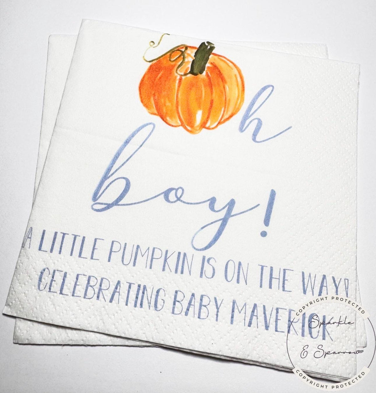 Pumpkin Oh Boy Baby Shower Napkins Little Pumpkin On The Way Pumpkin Baby Shower Personalized Fall Boy Baby Shower Napkins, Set of 25
