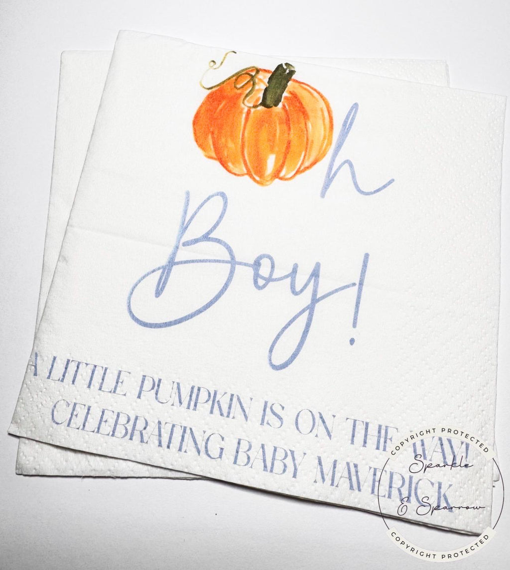 Pumpkin Oh Boy Baby Shower Napkins Little Pumpkin On The Way Pumpkin Baby Shower Personalized Fall Boy Baby Shower Napkins, Set of 25