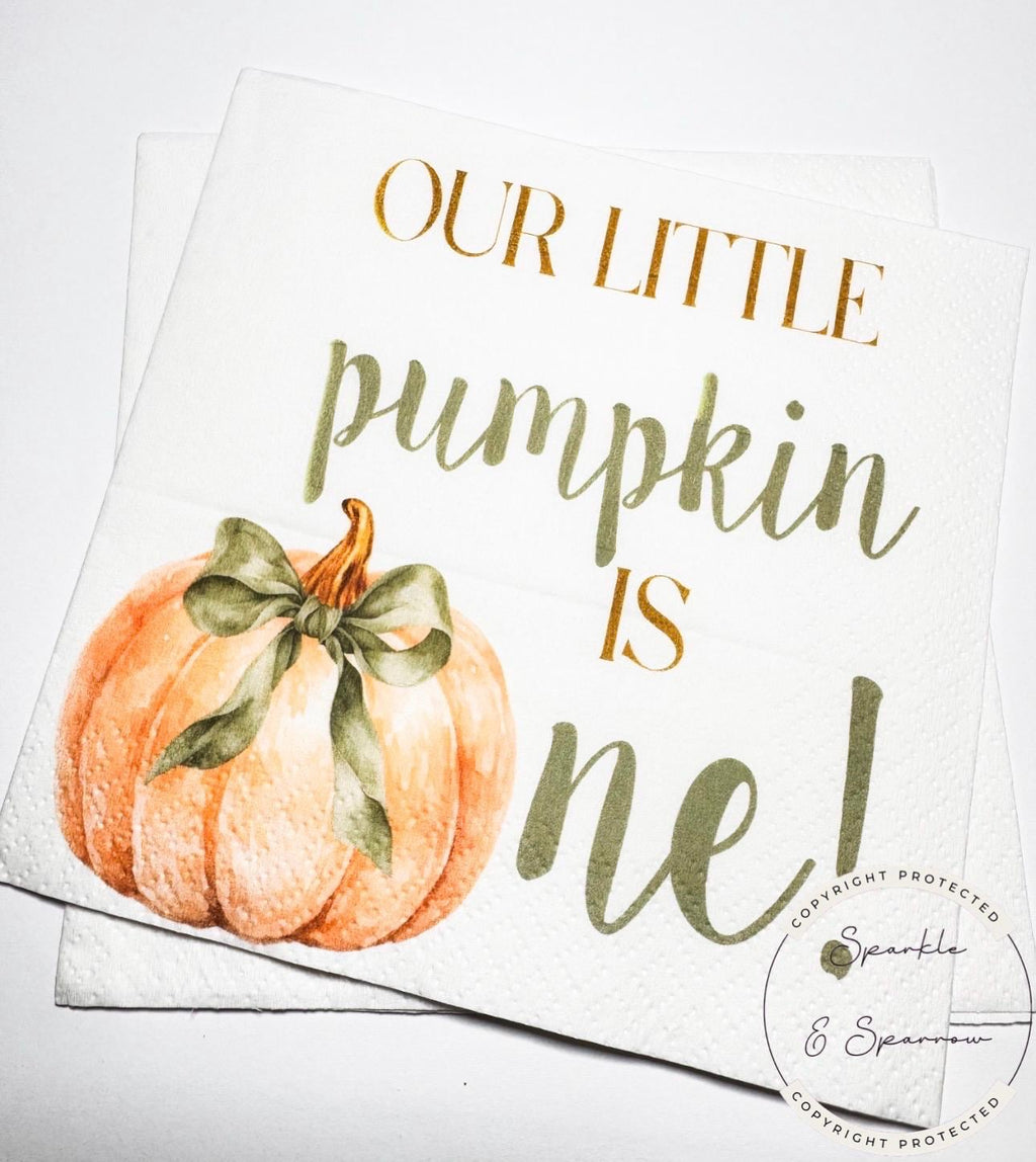 Our Little Pumpkin is One Pumpkin First Birthday Pumpkin Green Bow Pumpkin One Fall Bday Cocktail, Luncheon or Dinner Napkins Set of 25