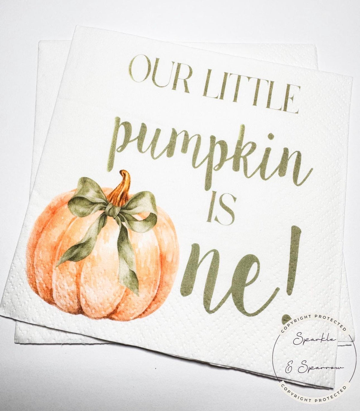 Our Little Pumpkin is One Pumpkin First Birthday Pumpkin Green Bow Pumpkin One Fall Bday Cocktail, Luncheon or Dinner Napkins Set of 25