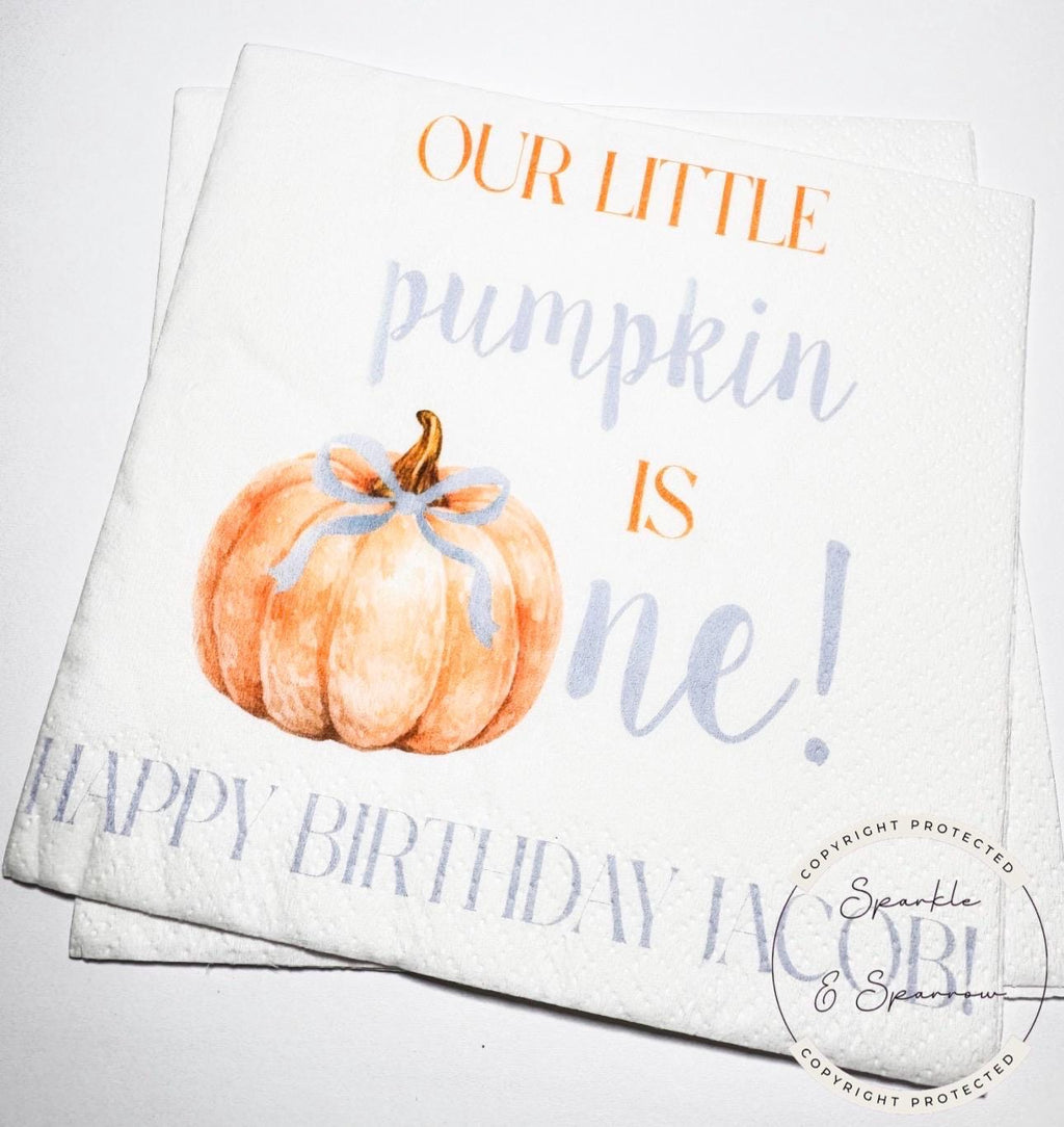 Pumpkin First Birthday Pumpkin Blue Bow Pumpkin One Birthday Blue Bow Pumpkin Personalized Cocktail, Luncheon or Dinner Napkins Set of 25