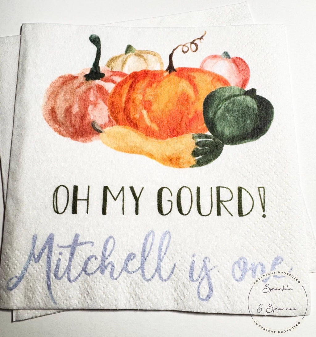 Oh my Gourd First Birthday Our Lil' Pumpkin is Turning 1 Little Pumpkin Fall First Birthday Personalized Cocktail Napkins, Set of 25