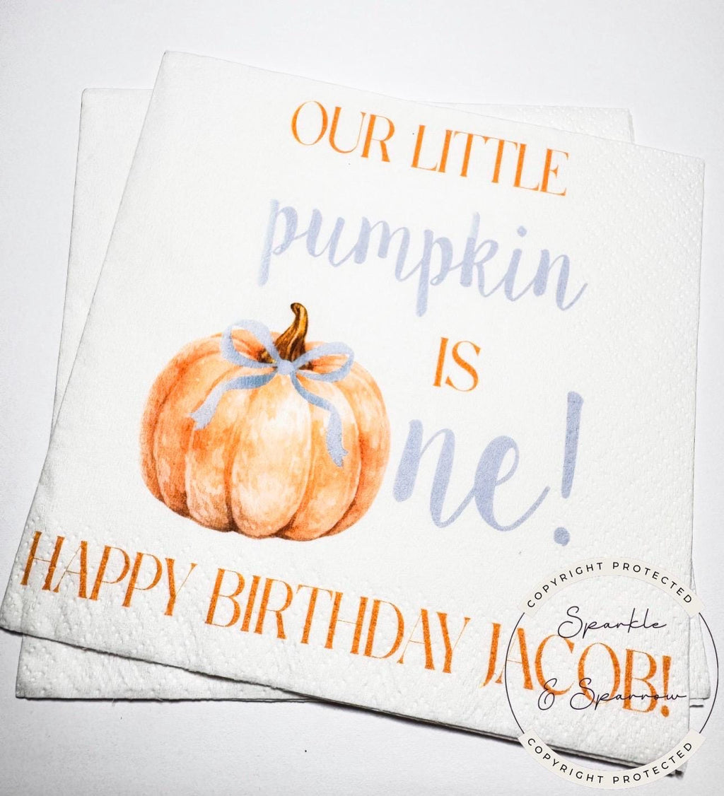 Pumpkin First Birthday Pumpkin Blue Bow Pumpkin One Birthday Blue Bow Pumpkin Personalized Cocktail, Luncheon or Dinner Napkins Set of 25