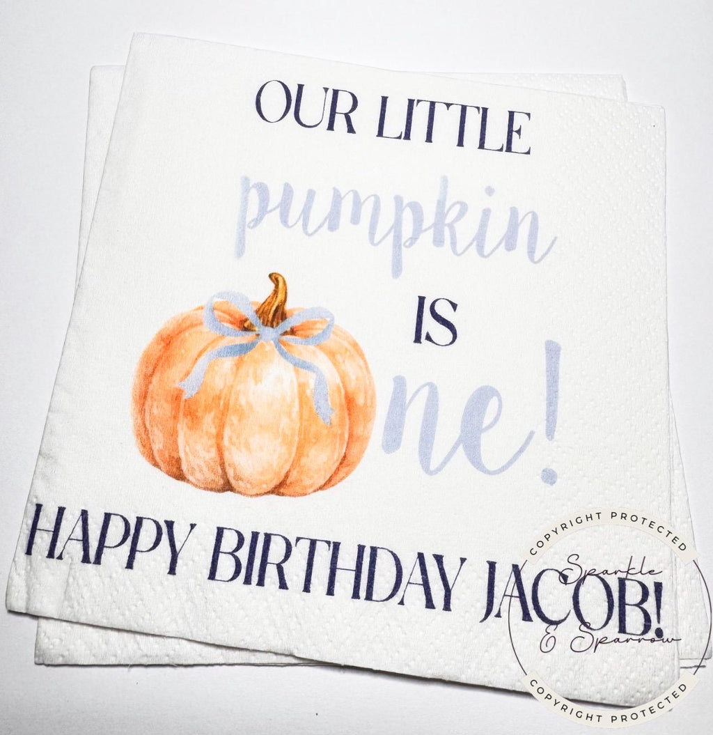Pumpkin First Birthday Pumpkin Blue Bow Pumpkin One Birthday Blue Bow Pumpkin Personalized Cocktail, Luncheon or Dinner Napkins Set of 25