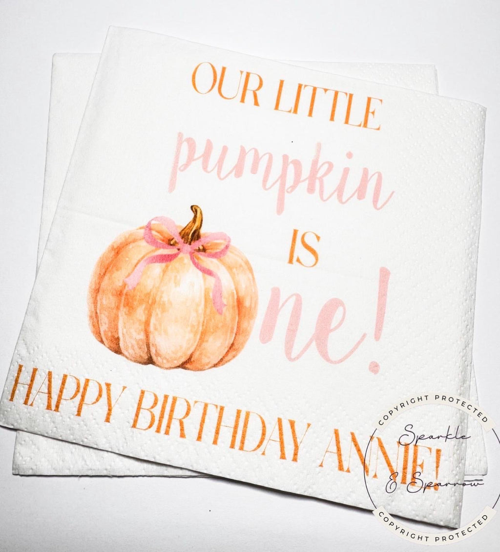 Pumpkin First Birthday Pumpkin Pink Bow Pumpkin One Birthday Pink Bow Pumpkin Personalized Cocktail, Luncheon or Dinner Napkins Set of 25