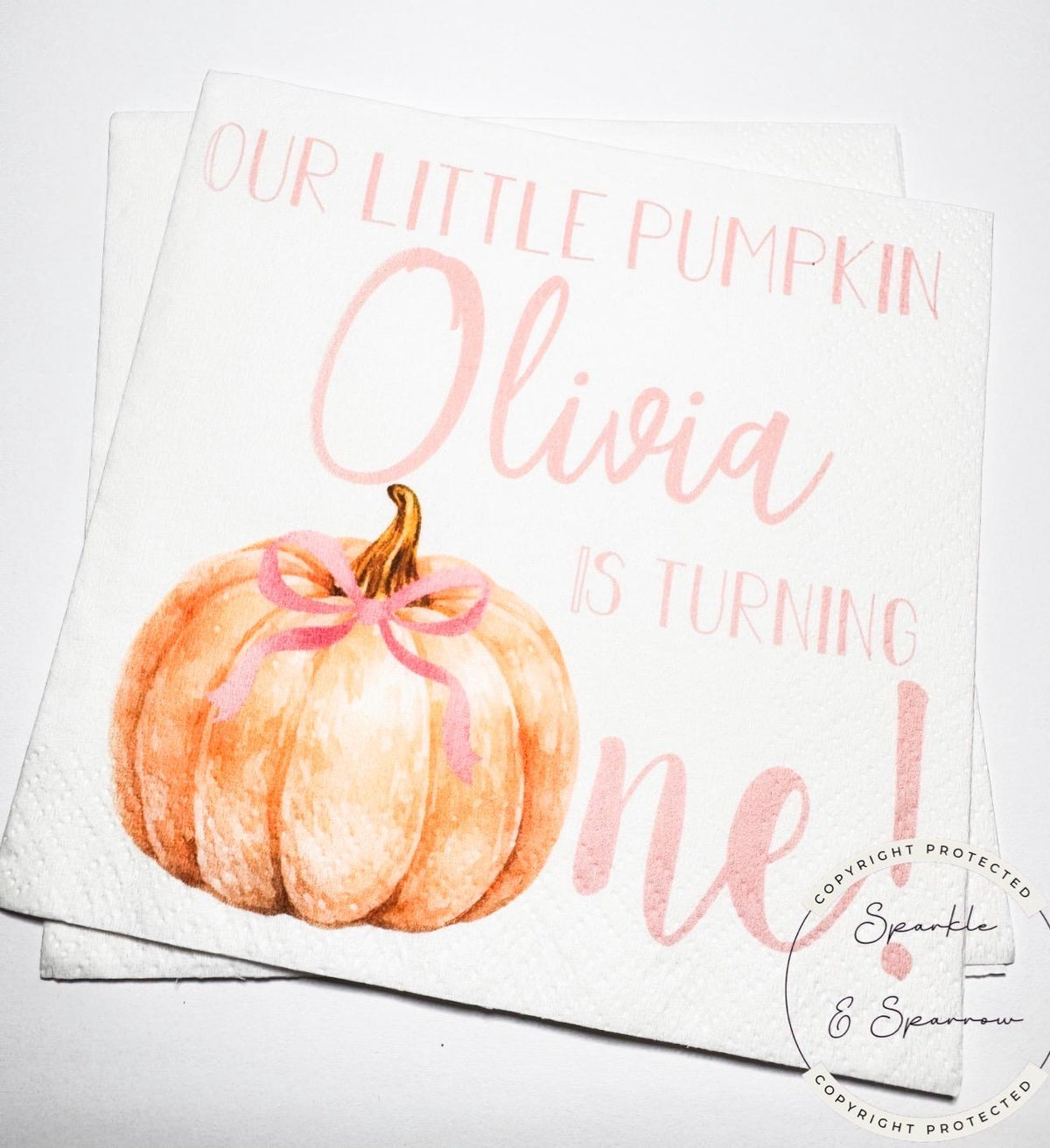 Pumpkin First Birthday Pumpkin Pink Bow Pumpkin One Birthday Pink Bow Pumpkin Personalized Cocktail, Luncheon or Dinner Napkins Set of 25