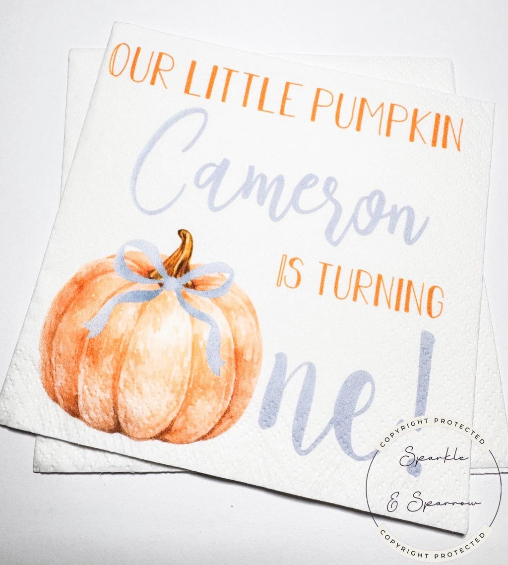 Pumpkin First Birthday Pumpkin Blue Bow Pumpkin One Birthday Blue Bow Pumpkin Personalized Cocktail, Luncheon or Dinner Napkins Set of 25