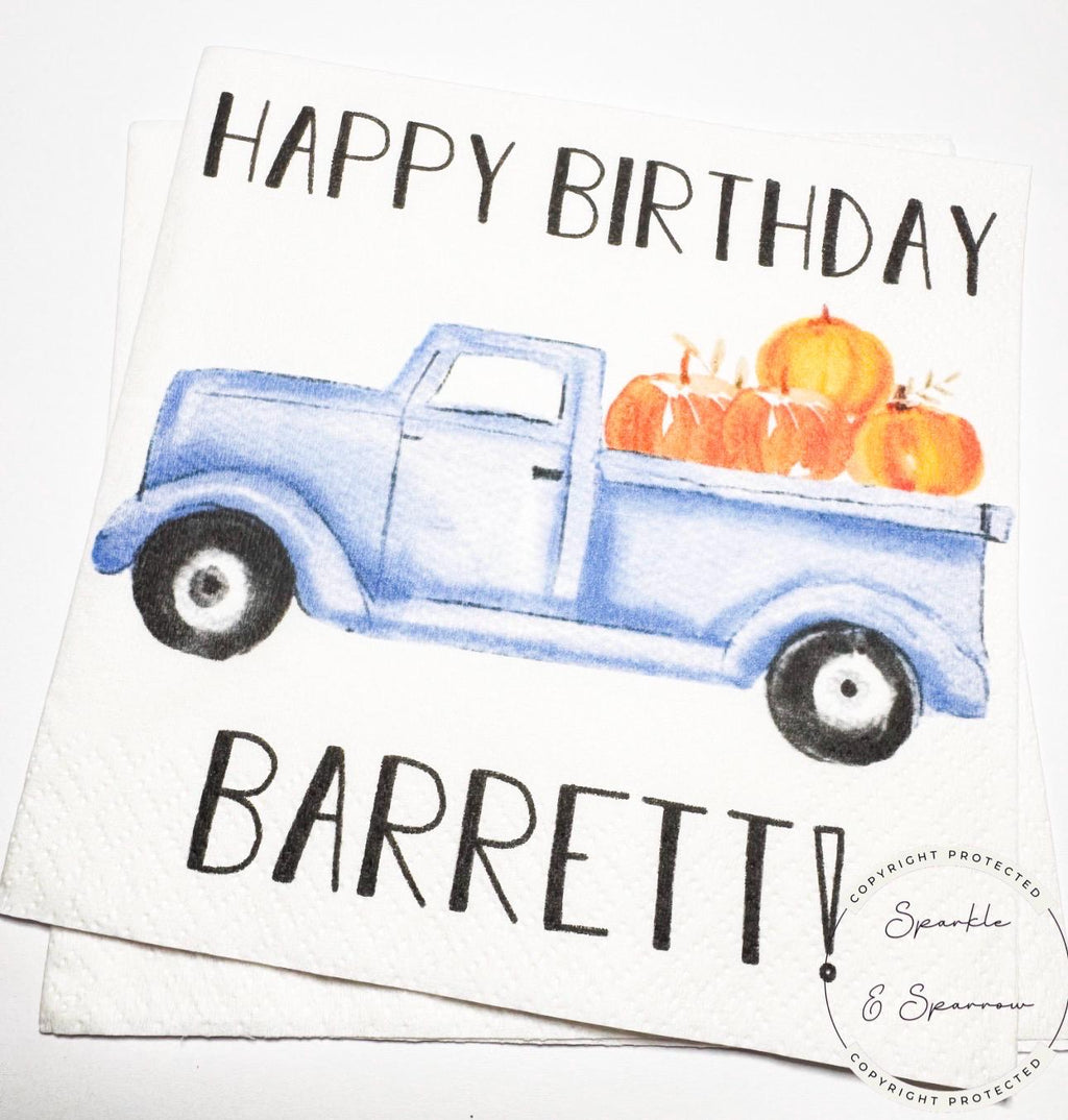 Blue Truck Pumpkin Birthday Napkins Pumpkin First Birthday Fall Boy Birthday Party Blue Truck Birthday Personalized Napkins, Set of 25