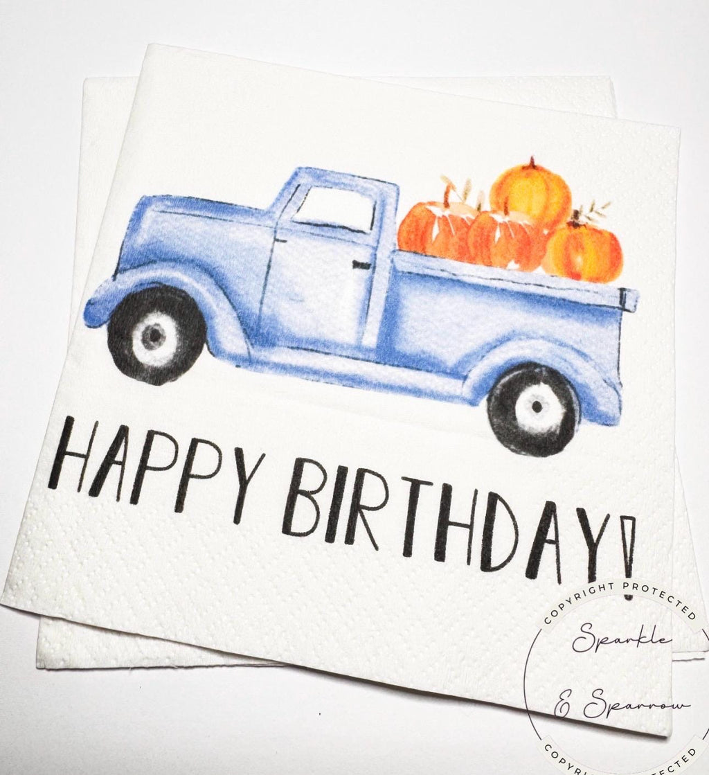 Blue Truck Pumpkin Birthday Napkins Pumpkin First Birthday Fall Boy Birthday Party Blue Truck Birthday Decor Napkins, Set of 25