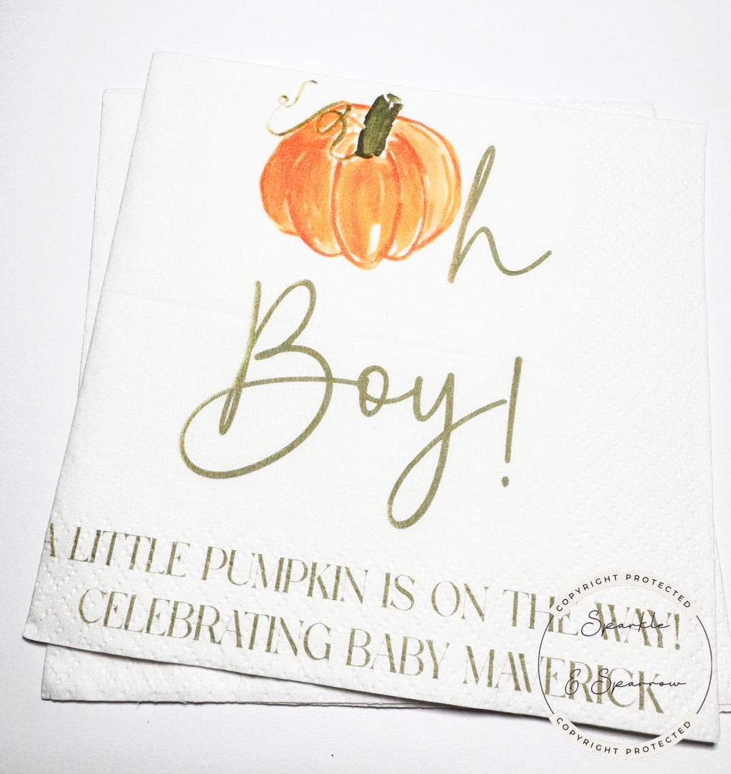 Oh Boy Pumpkin Napkins Fall Baby Shower Napkins Boy Neutral Green Pumpkin Baby Shower Fall Baby Shower Personalized Napkins, Set of 25