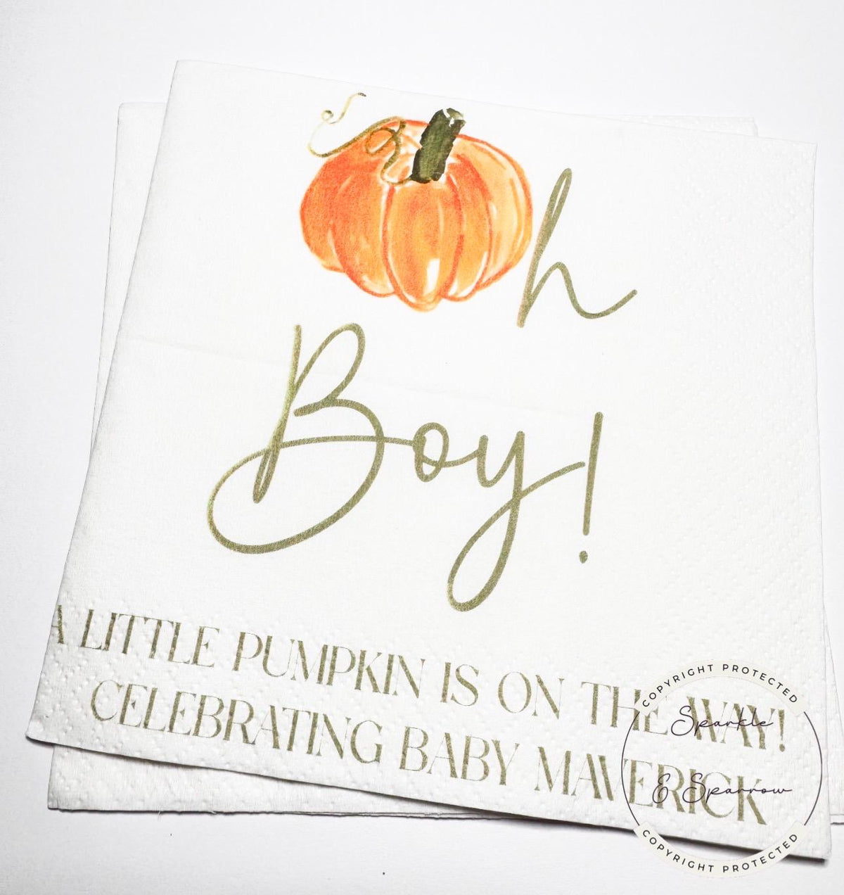Oh Boy Pumpkin Napkins Fall Baby Shower Napkins Boy Neutral Green Pumpkin Baby Shower Fall Baby Shower Personalized Napkins, Set of 25