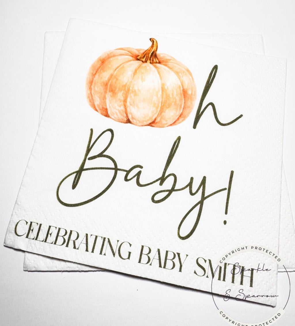 Oh Baby Pumpkin Napkins Fall Baby Shower Napkins Gender Neutral Green Pumpkin Baby Shower Fall Baby Shower Personalized Napkins, Set of 25