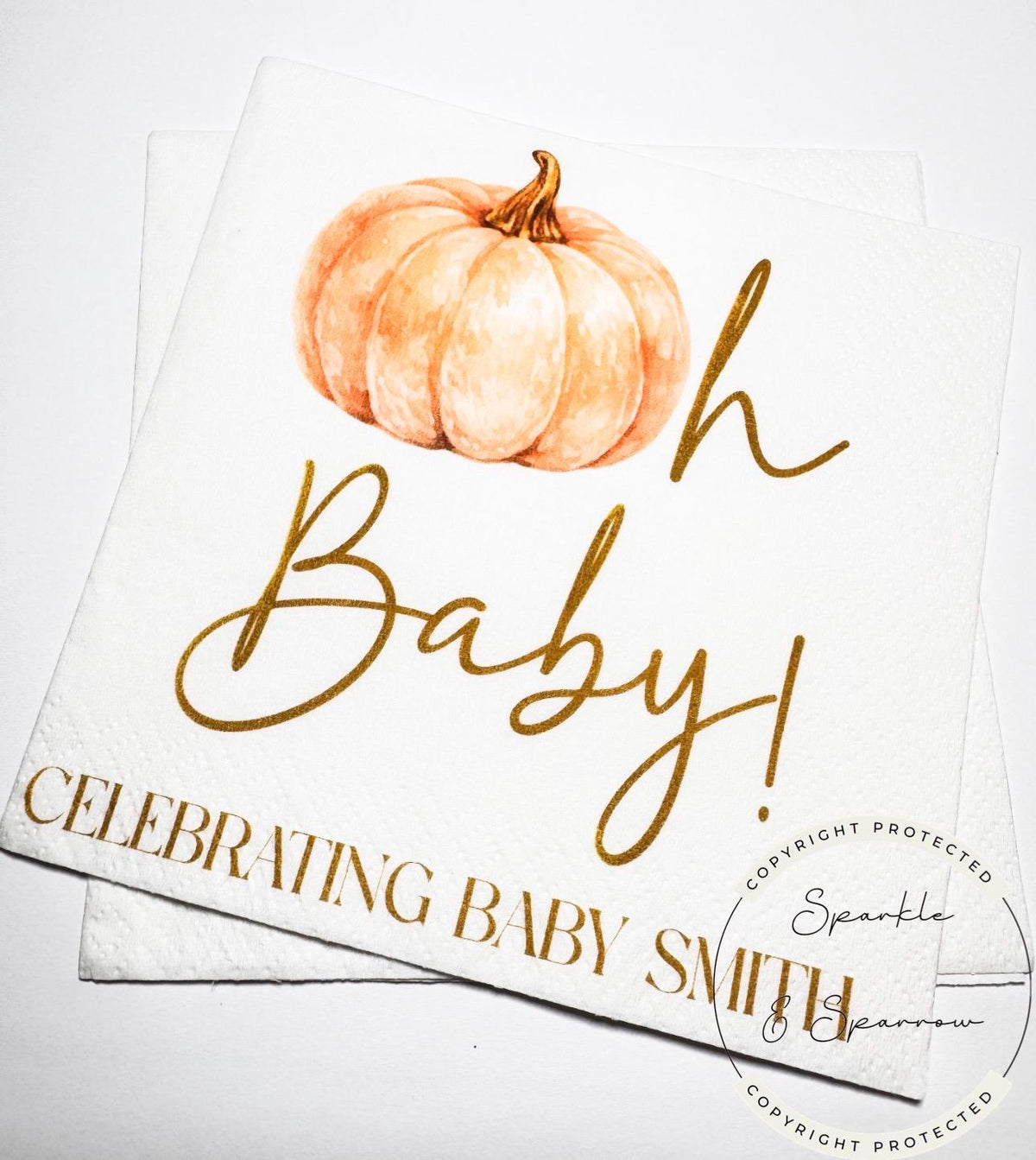 Oh Baby Pumpkin Napkins Fall Baby Shower Napkins Gender Neutral Gold Pumpkin Baby Shower Fall Baby Shower Personalized Napkins, Set of 25