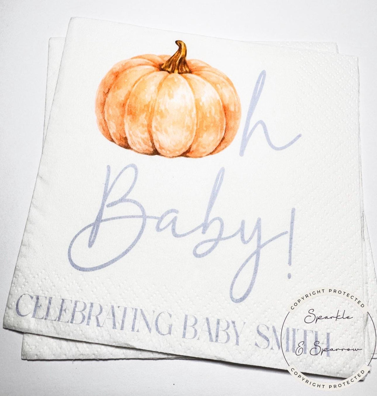 Oh Baby Pumpkin Napkins Fall Baby Shower Napkins Boy Blue Pumpkin Baby Shower Fall Boy Baby Shower Personalized Napkins, Set of 25